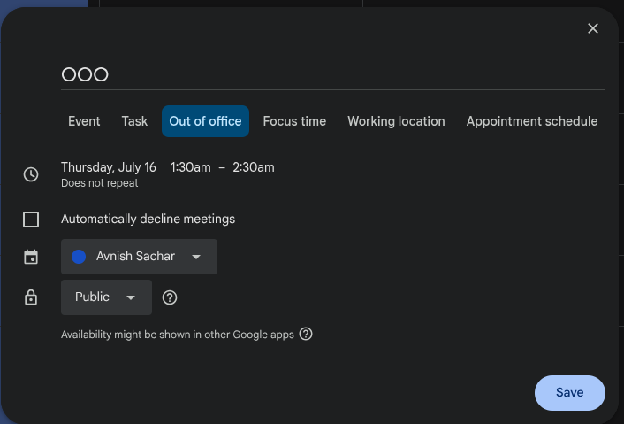 Out of office event type in Google Calendar
